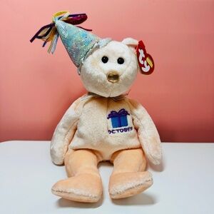 TY Birthday Beanie Baby Bear – October with Party Hat & Tag (2002)